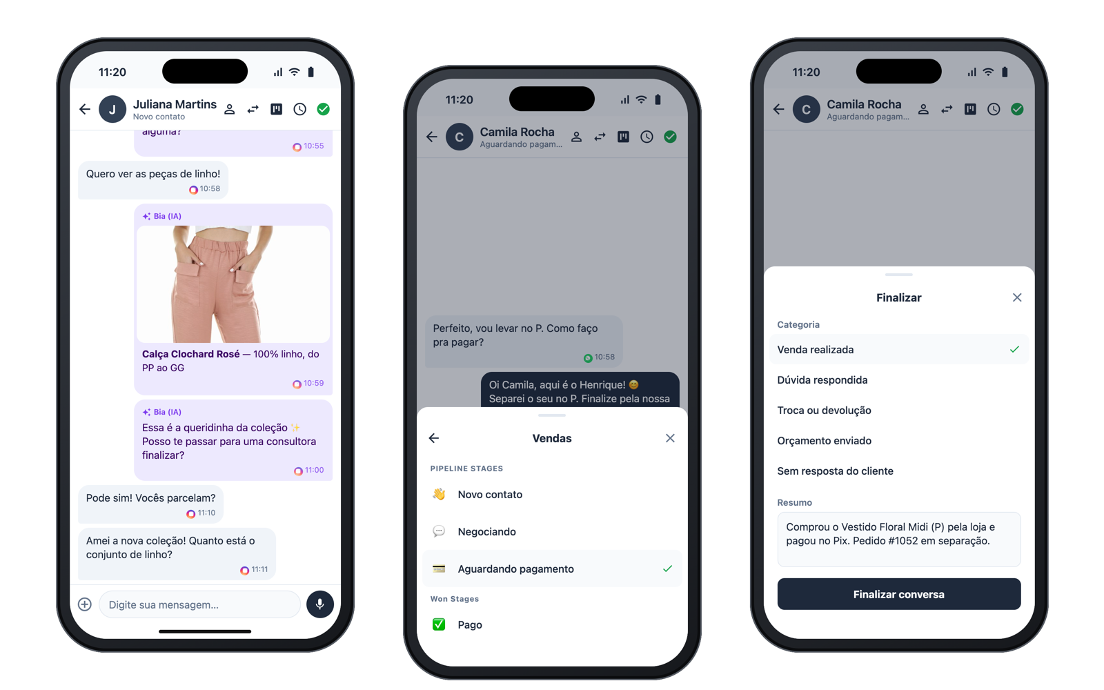 App da aidesk no celular: inbox, conversa e agente de IA