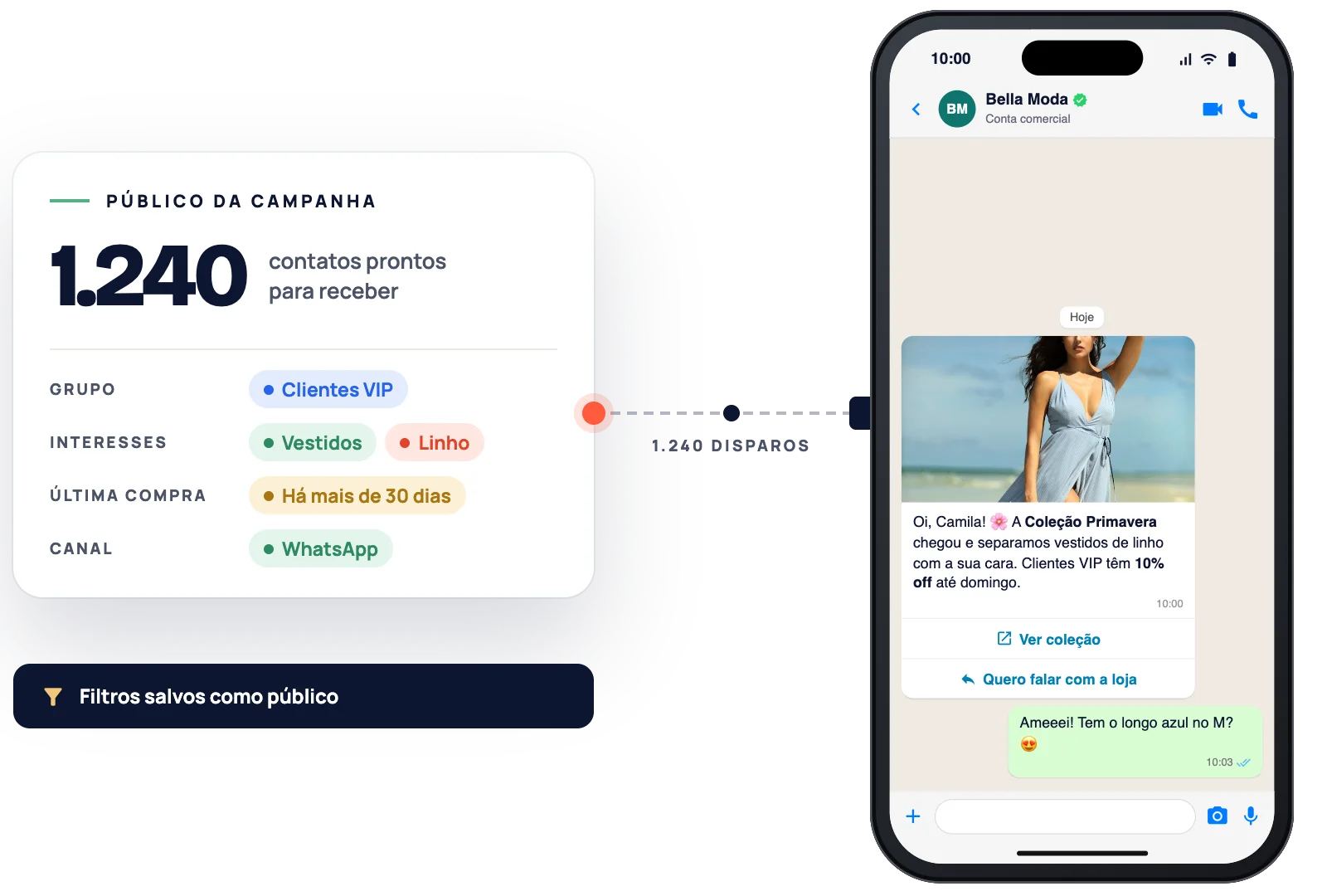 Público filtrado e mensagem da campanha recebida no WhatsApp