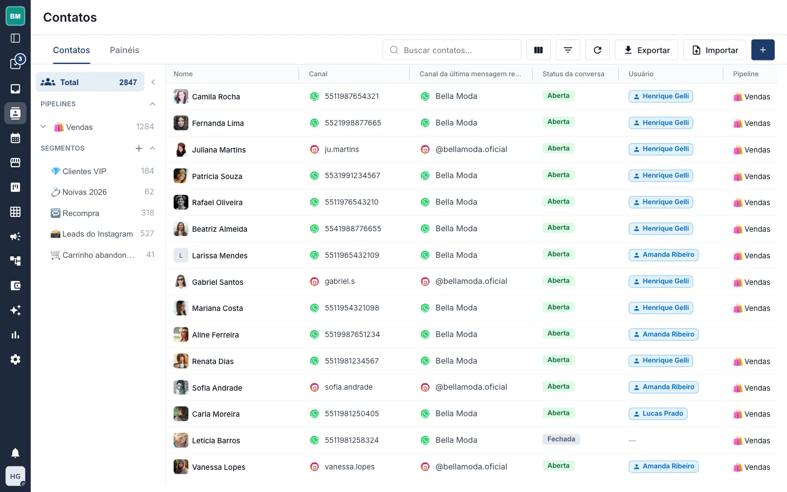 Lista de contatos na aidesk