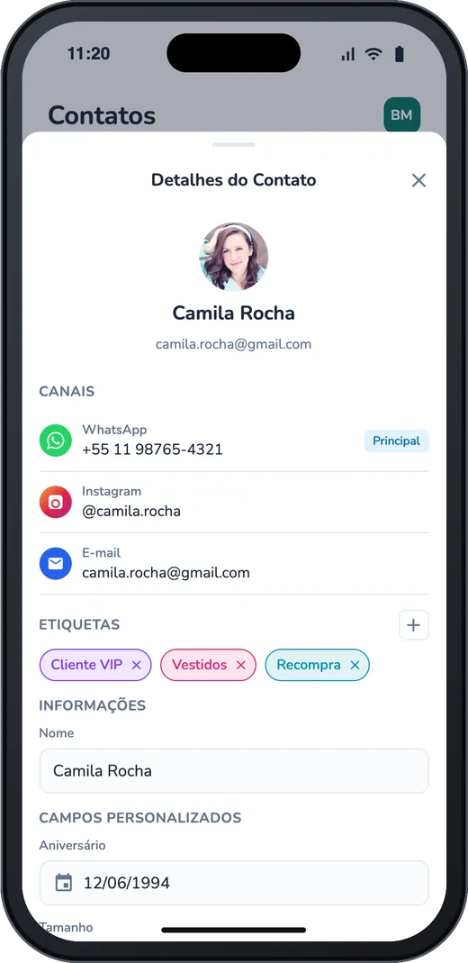 Contatos no app para celular