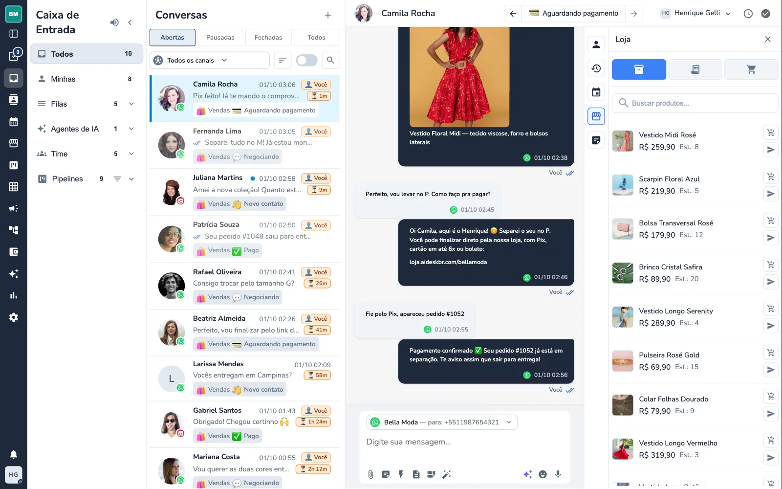 Inbox com o painel da loja aberto