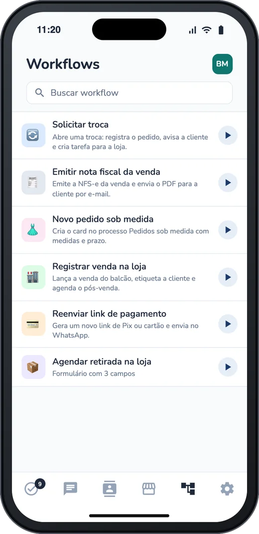 Workflows no app para celular